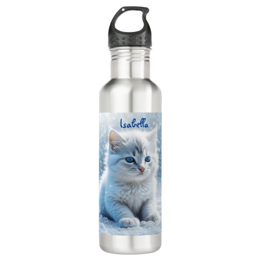 Personalisiertes weißes Kitten im Schnee Edelstahlflasche (Vorderseite)