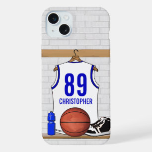 Personalisiertes weißes und blaues Basketball-Trik iPhone 15 Plus Hülle