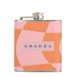 Personalisiertes Wellendesign Retro Orange & Rosa  Flachmann