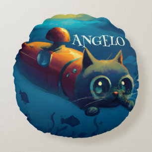 PERSONALISIERTES WHIMSICAL CAT UNTERWASSER ABENTEU RUNDES KISSEN