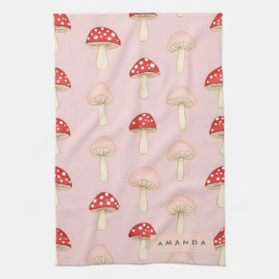 Personalisiertes Whimsical-Rot-Pink-Pilzmuster Geschirrtuch