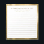 Personalisiertes White and Gold Beruflich Notepad Notizblock<br><div class="desc">Erhöhen Sie Ihr berufliches Bild mit diesem personalisierten White and Gold Beruflich Notepad. Dieses elegante Design besticht durch klassische Blocktypografie mit Namen, Titel und Firmennamen auf einem weißen Hintergrund, der in elegantem Gold getrimmt ist. Es eignet sich hervorragend zum Mitmachen von Notizen während Meetings, Brainstorming-Sitzungen oder für den alltäglichen Gebrauch...</div>