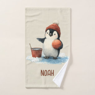Personalisiertes Winter-Pinguin-Basketball-Kindert Badhandtuch Set