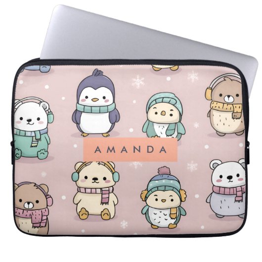 Personalisiertes Winterpinguin-Muster Laptopschutzhülle (Vorderseite)