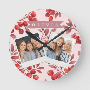 Personalisiertes Winterrotes Beeren-Botanik-Cottag Runde Wanduhr