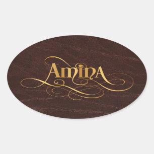 Personalisiertes Wirbles Script Amina Gold auf Led Ovaler Aufkleber