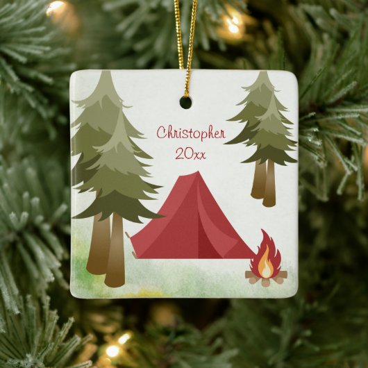 Personalisiertes Zelt und Campfire Camping Weihnac Keramikornament (Baum)