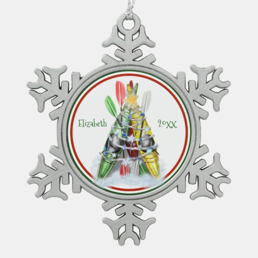 personalisiertes Zinnkayaking Weihnachtsschmuck Schneeflocken Zinn-Ornament (Vorderseite)