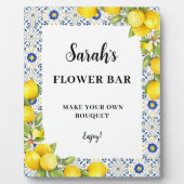 Personalisiertes Zitronen auf blauen Fliesen Blume Fotoplatte (Vorderseite)