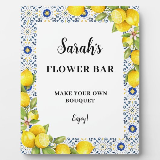 Personalisiertes Zitronen auf blauen Fliesen Blume Fotoplatte (Vorderseite)