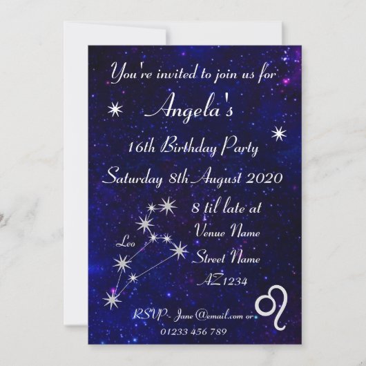 Personalisiertes Zodiac Leo Galaxy Party Einladung (Vorderseite)