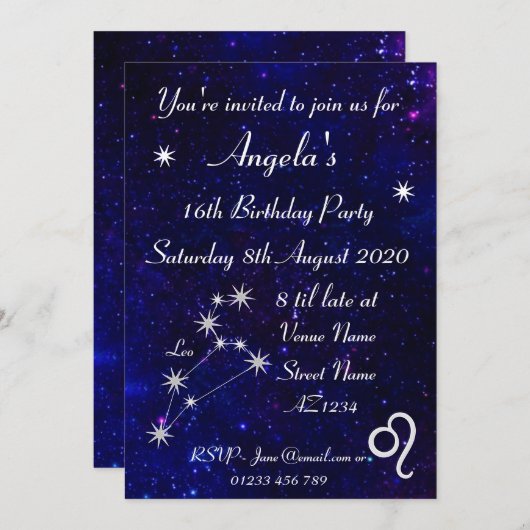 Personalisiertes Zodiac Leo Galaxy Party Einladung (Vorne/Hinten)