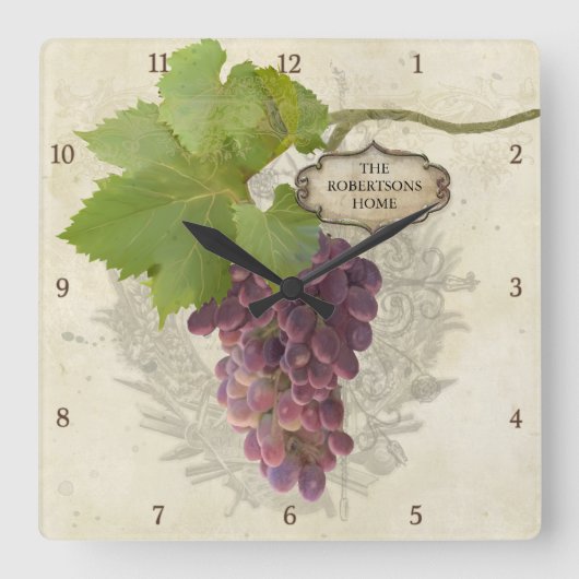 Personalisiertes Zuhause Rustikale Trauben auf Wei Quadratische Wanduhr (Vorderseite)