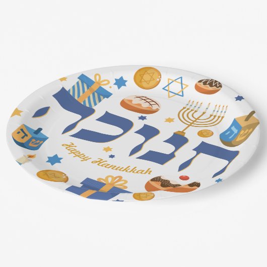 Personaliz Hebrew Hanukkah Dreidel Menorah Donuts Pappteller (Schrägansicht)