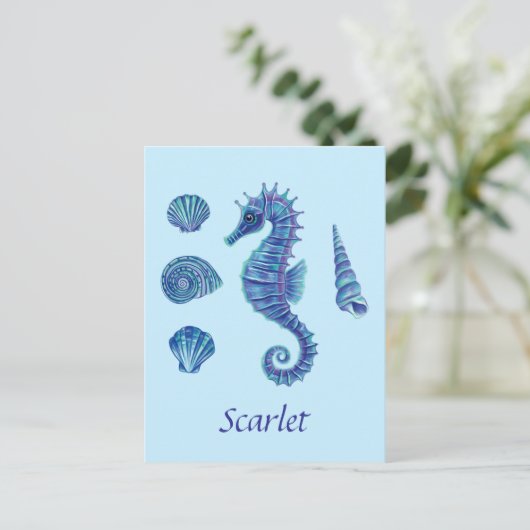 Personalizable Blue Seepferd & Seashells Postkarte (Stehend Vorderseite)