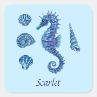 Personalizable Blue Seepferd & Seashells Quadratischer Aufkleber
