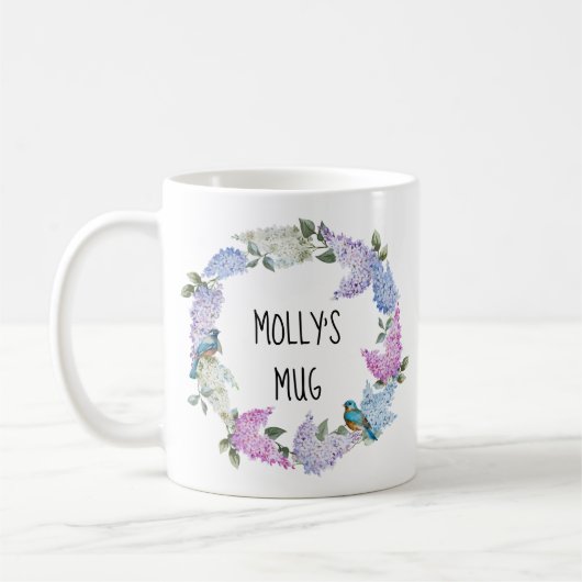 Personalizable lila lila Wreath und Drosseln Kaffeetasse (Links)