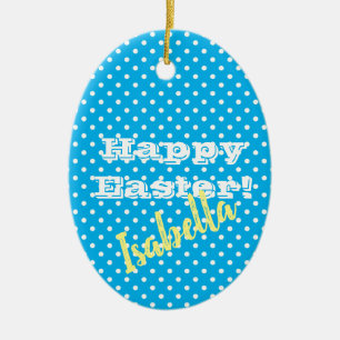 Personalizable Vintag Blue Polka Dot Happy Oaster Keramik Ornament