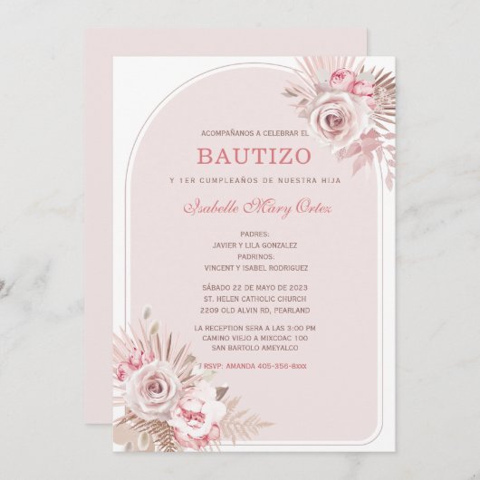 Personalizada de Bautizo para Niña con Flores Rosa Einladung (Vorne/Hinten)