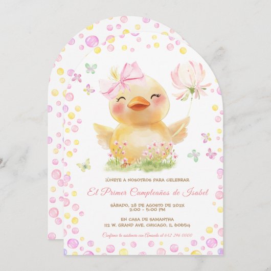 Personalizadas Primer Cumpleaños Niña Con Patito Einladung (Vorne/Hinten)