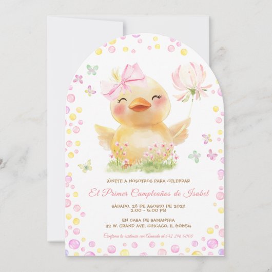 Personalizadas Primer Cumpleaños Niña Con Patito Einladung (Vorderseite)