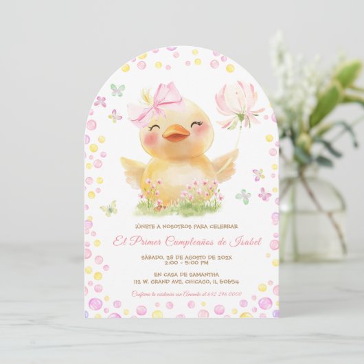 Personalizadas Primer Cumpleaños Niña Con Patito Einladung (Stehend Vorderseite)