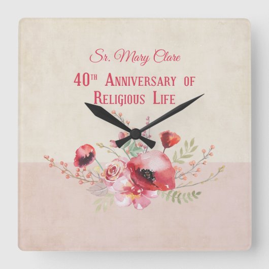 Personalize, 40th Anniversary Nun, Pink und Quadratische Wanduhr (Vorderseite)