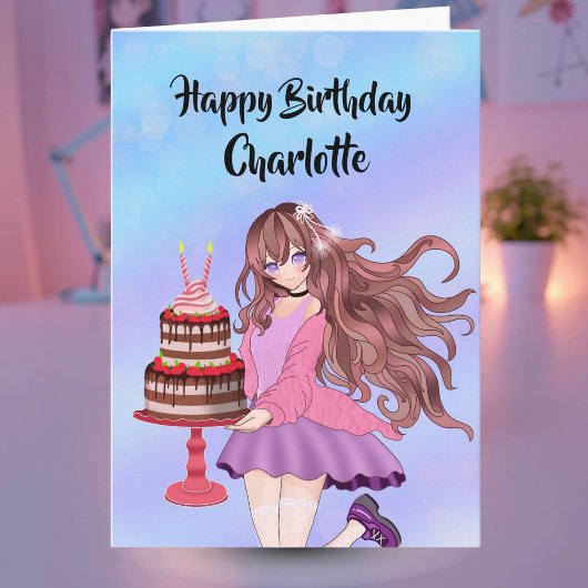 Personalize Anime Teenager Girl With Birthday Cake Karte