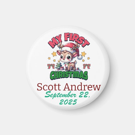 Personalize Baby First Christmas Brown Santa Deer Magnet (Vorne)