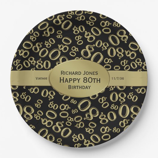 Personalize: Black and Gold 80. Geburtstag Thema Pappteller (Vorderseite)