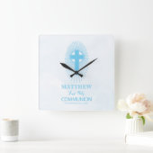 Personalize, Blue First Heilige Kommuny Cross Gast Quadratische Wanduhr (Zuhause)