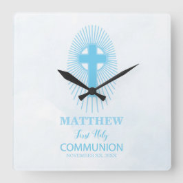 Personalize, Blue First Heilige Kommuny Cross Gast Quadratische Wanduhr