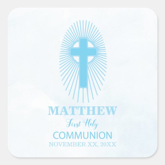 Personalize, Blue First Heilige Kommuny Cross Gast Quadratischer Aufkleber (Vorderseite)