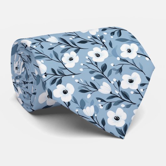 Personalize Blue White Bold Botanical Floral Krawatte (Gerollt)