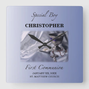 Personalize, Boy, First Communion Blue Quadratische Wanduhr