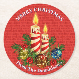 Personalize Christmas Candles Family Name 6 Runder Pappuntersetzer