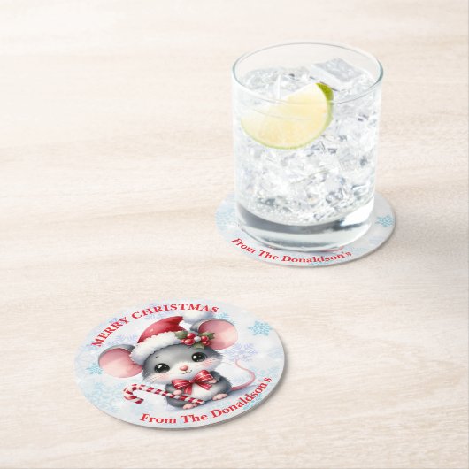 Personalize Christmas Mouse with Family Name Runder Pappuntersetzer (Vor Ort)