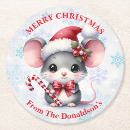 Personalize Christmas Mouse with Family Name Runder Pappuntersetzer