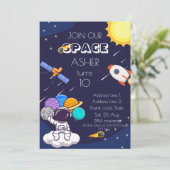 Personalize Cute Blue Space Astronaut Boy Birthday Einladung (Stehend Vorderseite)