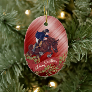 Personalize Girl and Horse Jumping Red Christmas Keramik Ornament
