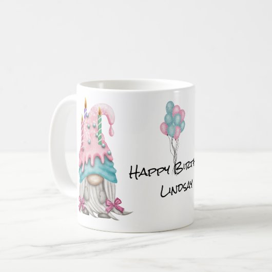 Personalize Girl Gnome Pink Blue Birthday Candle Kaffeetasse (Vorderseite Links)
