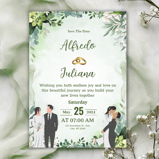 Personalize green leafy best wedding Invitation Einladung