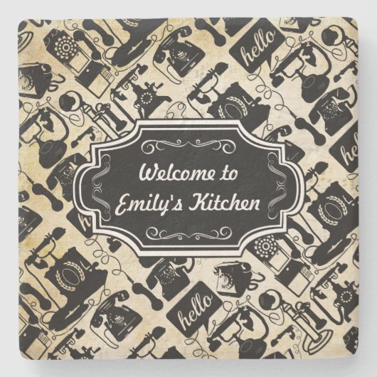 Personalize Hallo Willkommen bei Kitchen Retro Tel Steinuntersetzer (Vorderseite)