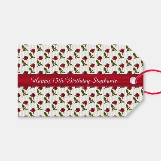 Personalize: Happy Birthday Rote Rosen Muster Geschenkanhänger (Vorderseite (Horizontal))