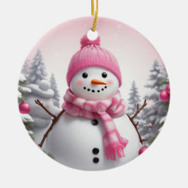 Personalize: Happy Pink Scarf Xmas Snowman Keramik Ornament