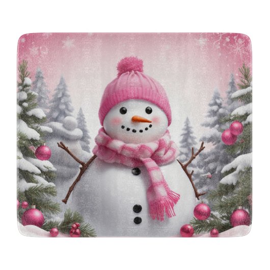 Personalize: Happy Pink Scarf Xmas Snowman Schneidebrett (Vorderseite)