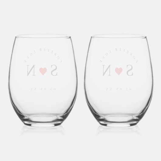 Personalize Love Shape Stem Wedding Monogram Weinglas Ohne Stiel (Rückseite)