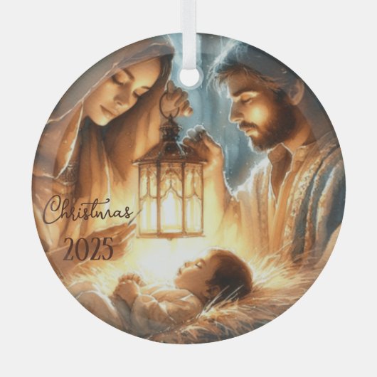 Personalize Mary & Joseph Watching Over Baby Jesus Ornament Aus Glas (Vorderseite)