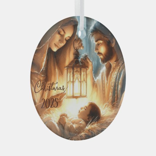 Personalize Mary & Joseph Watching Over Baby Jesus Ornament Aus Glas (Vorderseite Rechts)