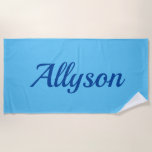 Personalize Name, Deep Blue Script / Sky Blue Strandtuch<br><div class="desc">Personalize your Name on this Cool and trendy Sky Blue Beach Towel in Deep Blue script. Makes a great gift for her or him,  boy or girl. Click “Customize” to change colors and type styles.</div>